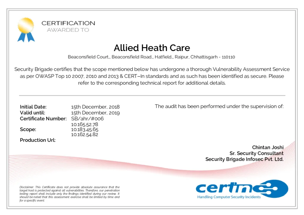 CERT-In Empanelled Website Security Audit Certificate